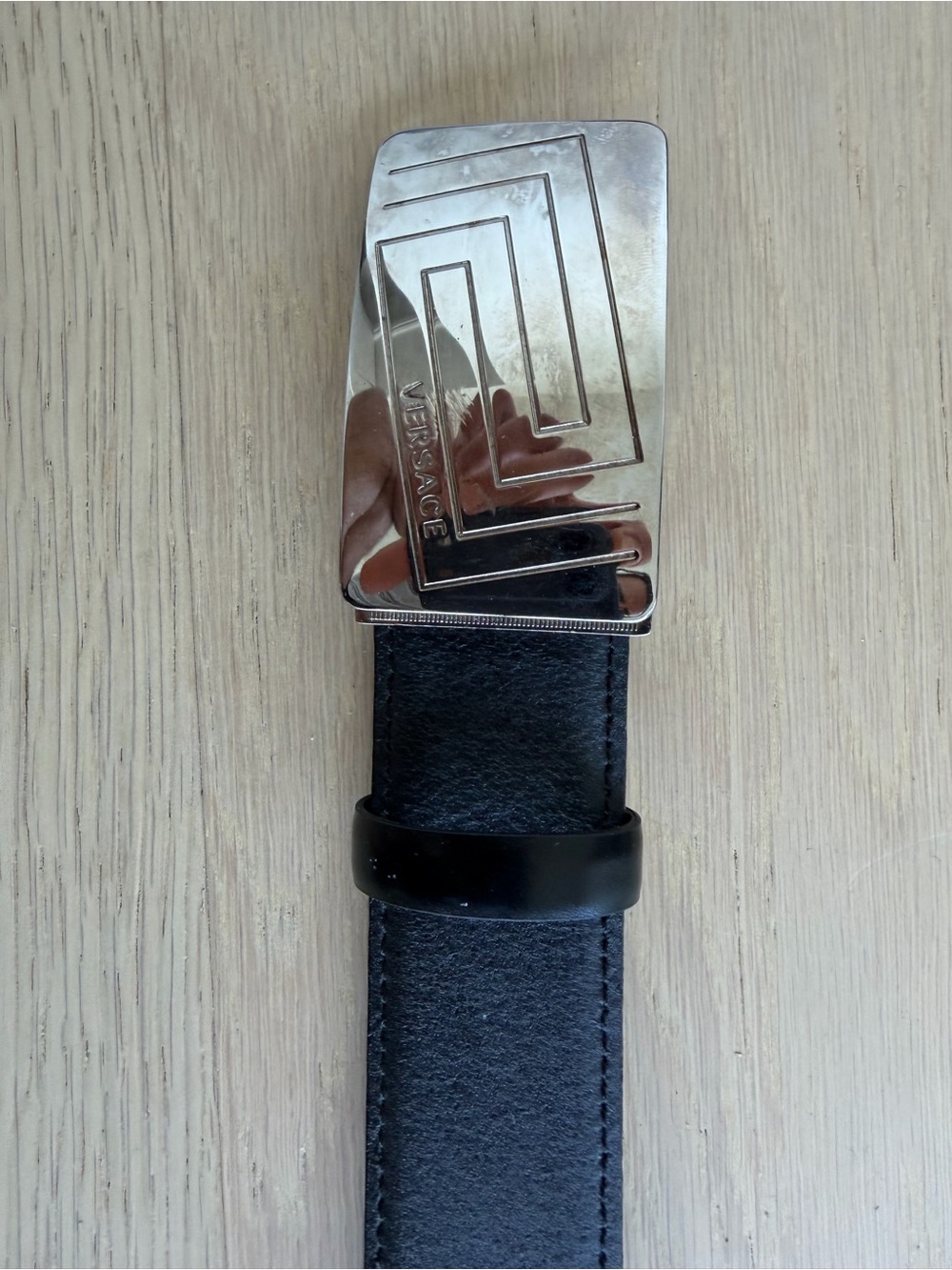 Versace Black Leather Belt with Silver Engraved Buckle